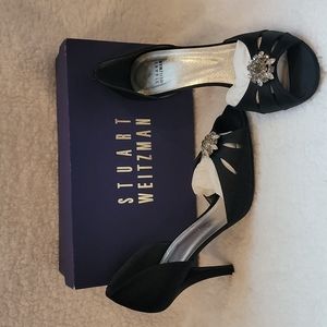 Stuart Weitzman “Goodlife” Black Satin Open Toe Rhinestone Pumps Sz 9.5M